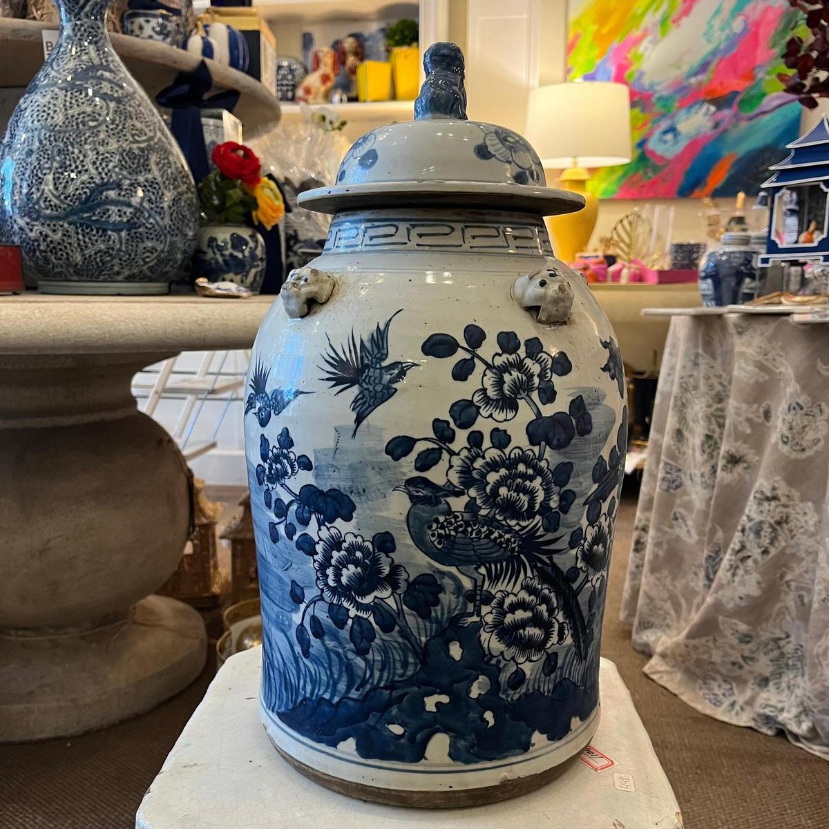 Blue and White Porcelain Floral Motif Temple Jar