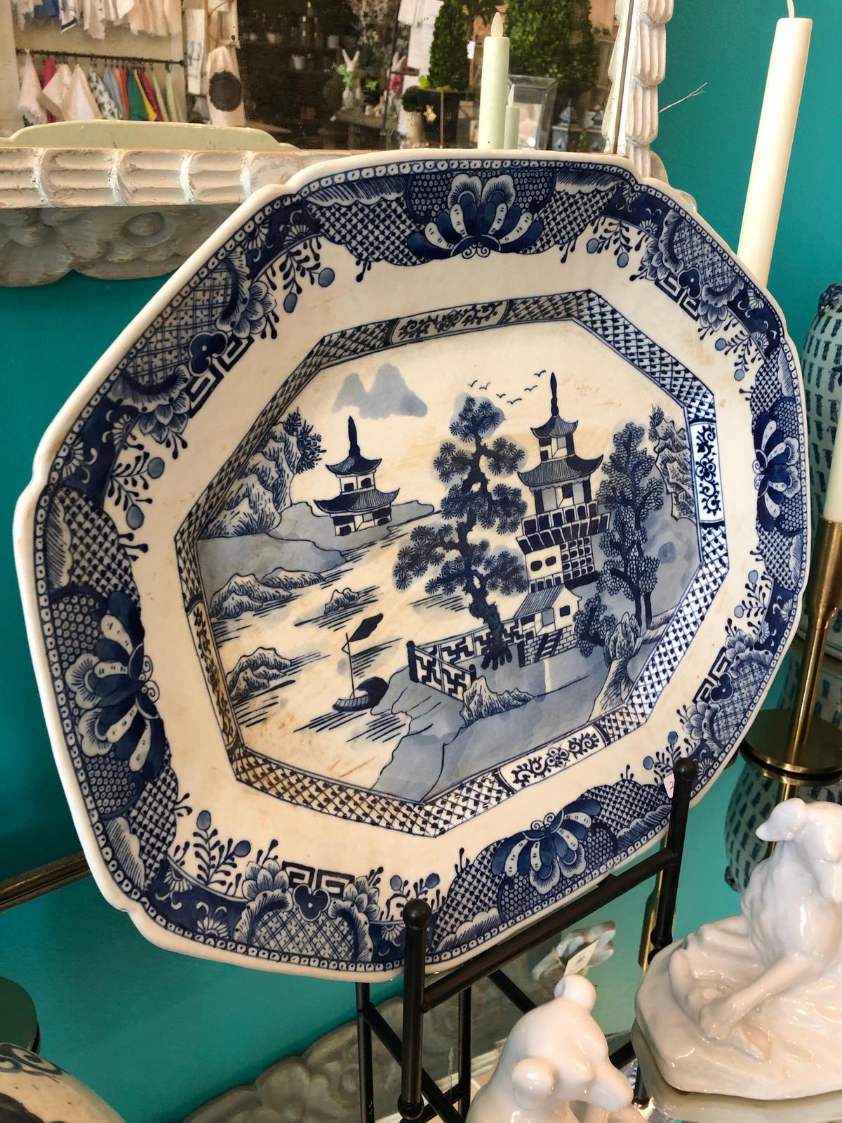 Extra Large Blue & White Porcelain Pagoda River Landscape Decorative Tray