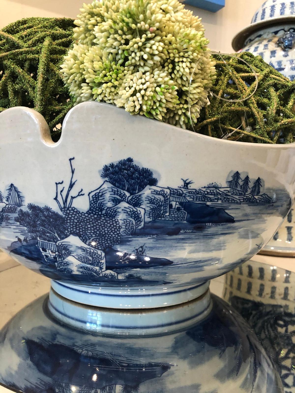 Large Blue & White Porcelain Indented Scallop Decorative Bowl