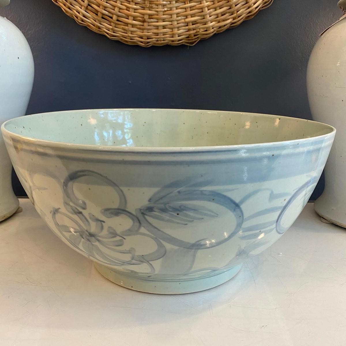 Large Light Blue & White Porcelain Decorative Lotus Bowl - Foot Stomp Clay
