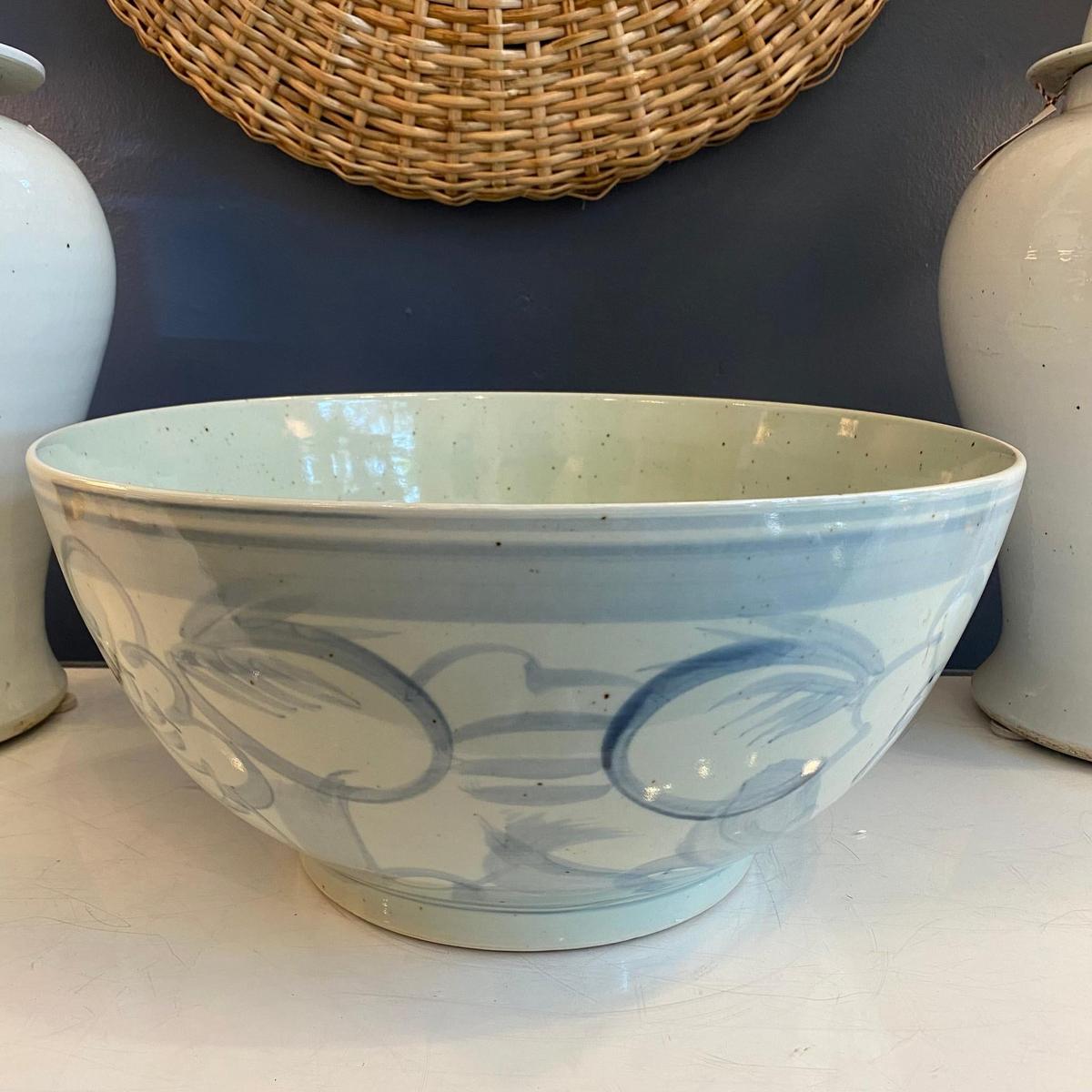 Large Light Blue & White Porcelain Decorative Lotus Bowl - Foot Stomp Clay