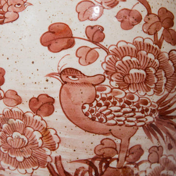Rustic Maroon Porcelain Red Flower and Bird Temple Jar