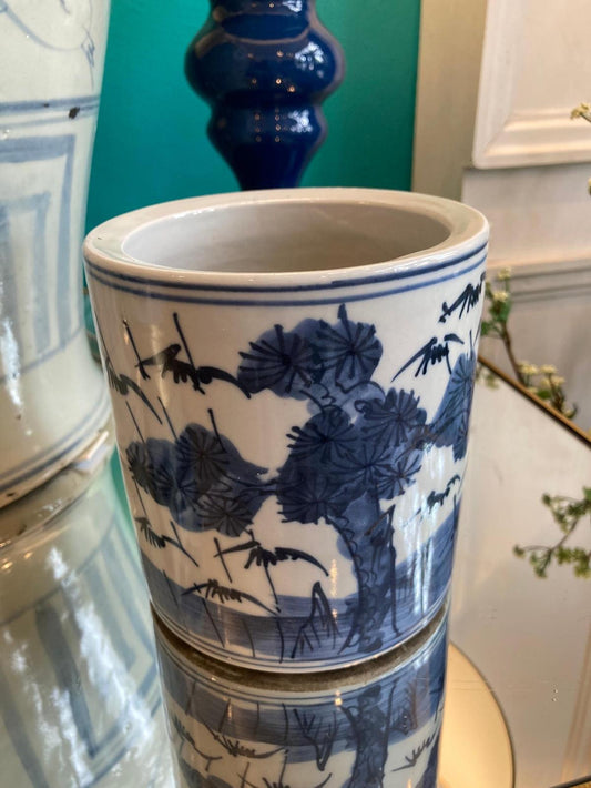 Small Blue and White Porcelain Landscape Brush Pot
