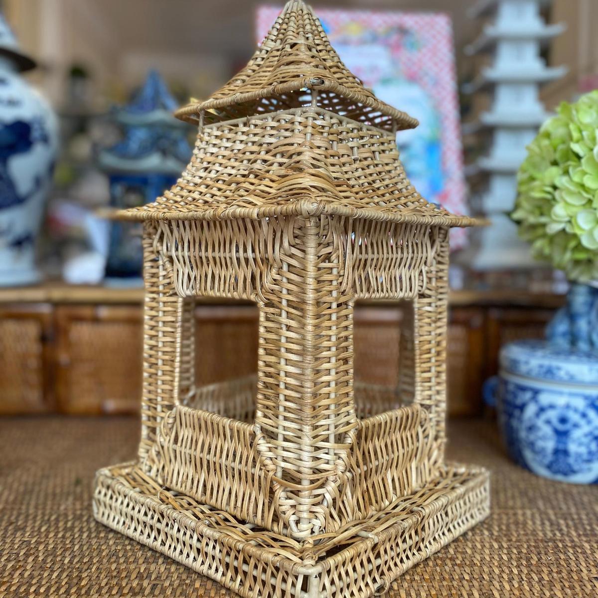 Wicker Pagoda Lantern | Natural Handwoven Decorative Accent