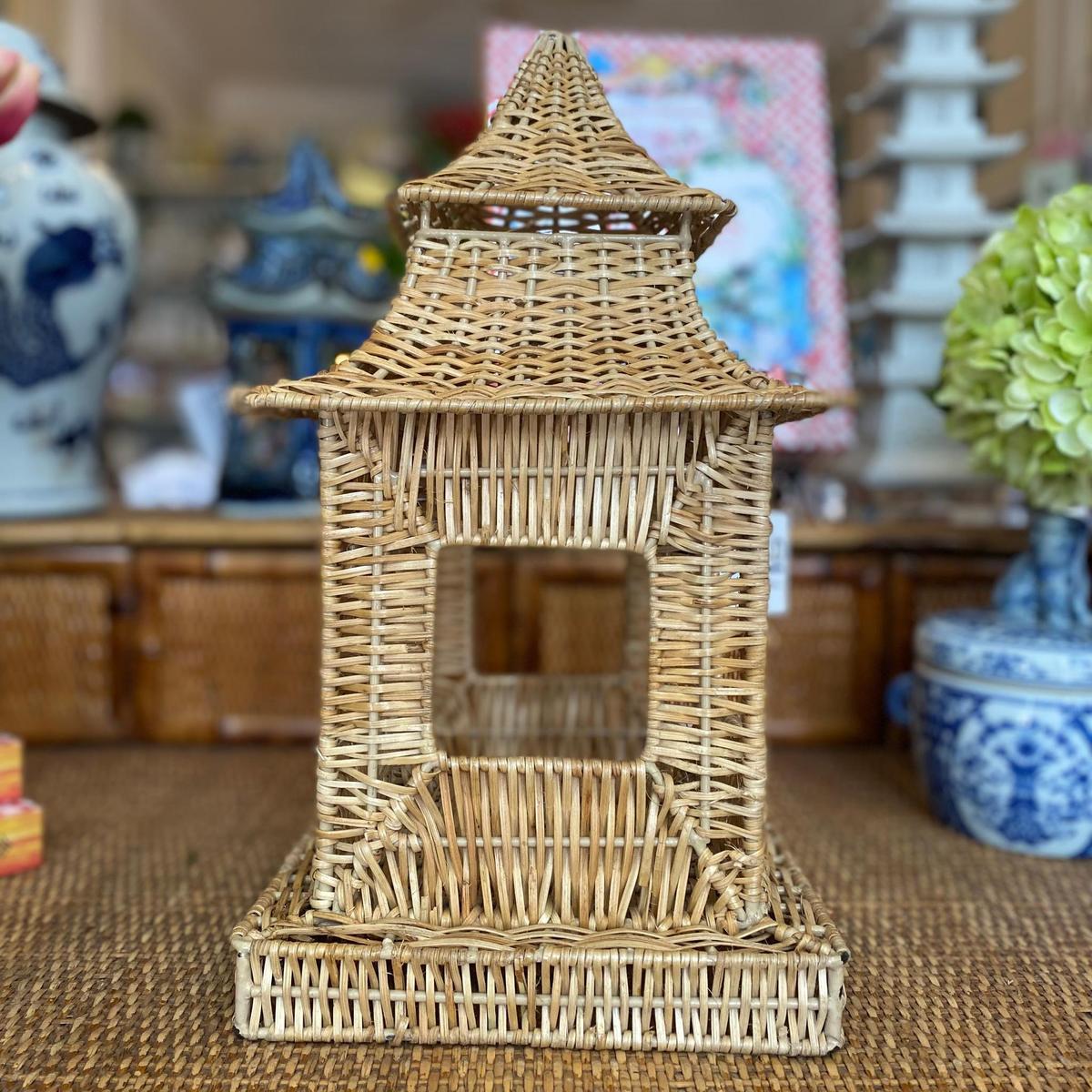 Wicker Pagoda Lantern | Natural Handwoven Decorative Accent