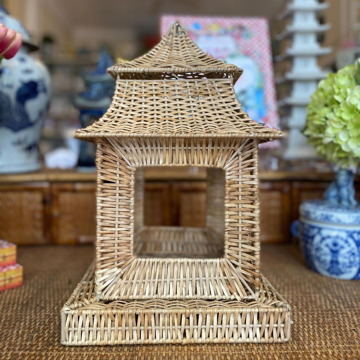 Wicker Pagoda Lantern | Natural Handwoven Decorative Accent