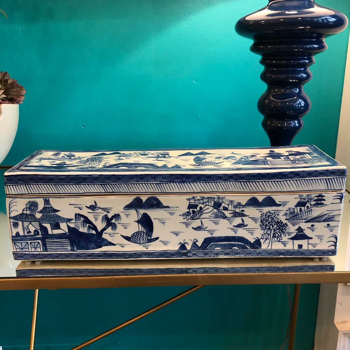 Blue and White Porcelain Village Scene Canton Box