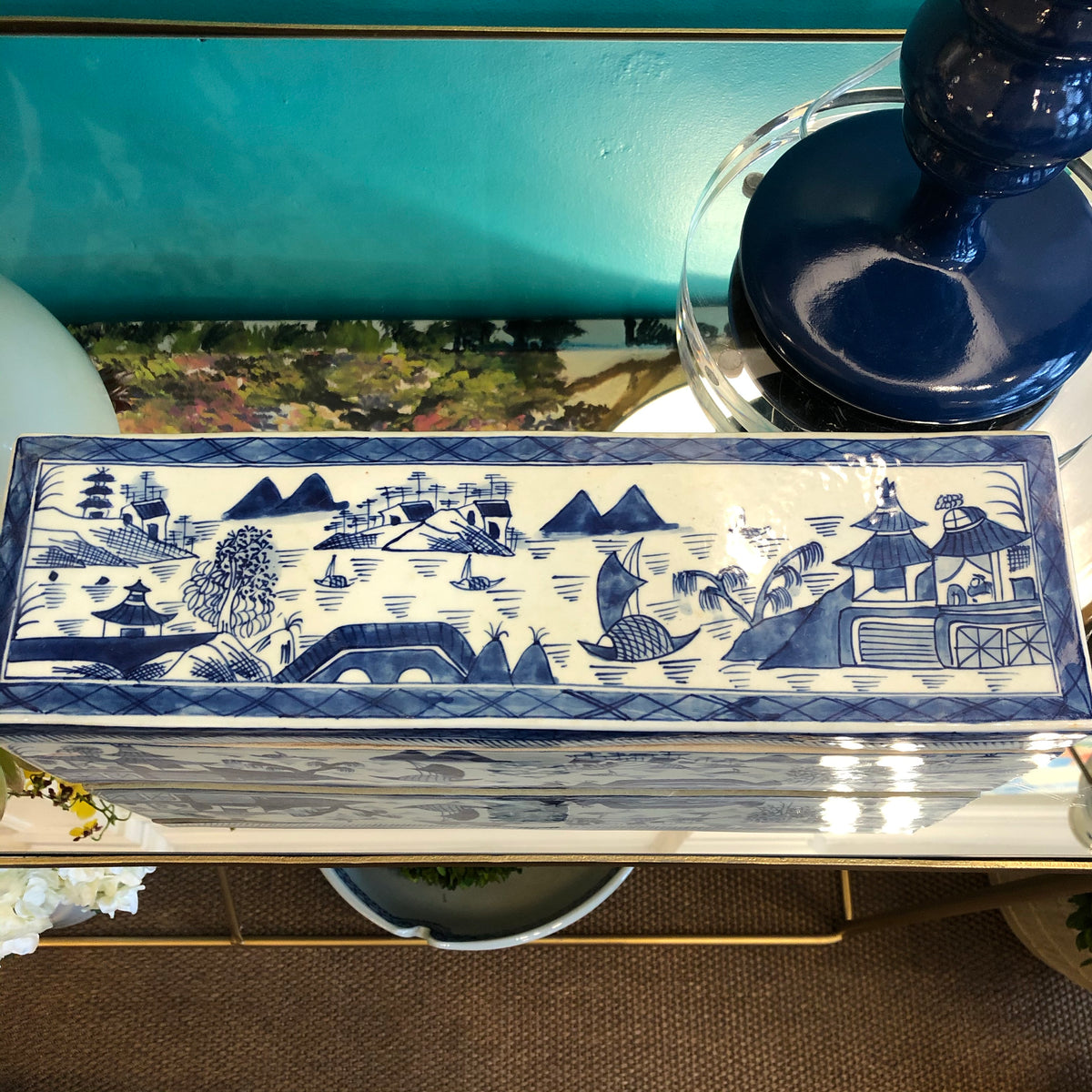 Blue and White Porcelain Village Scene Canton Box
