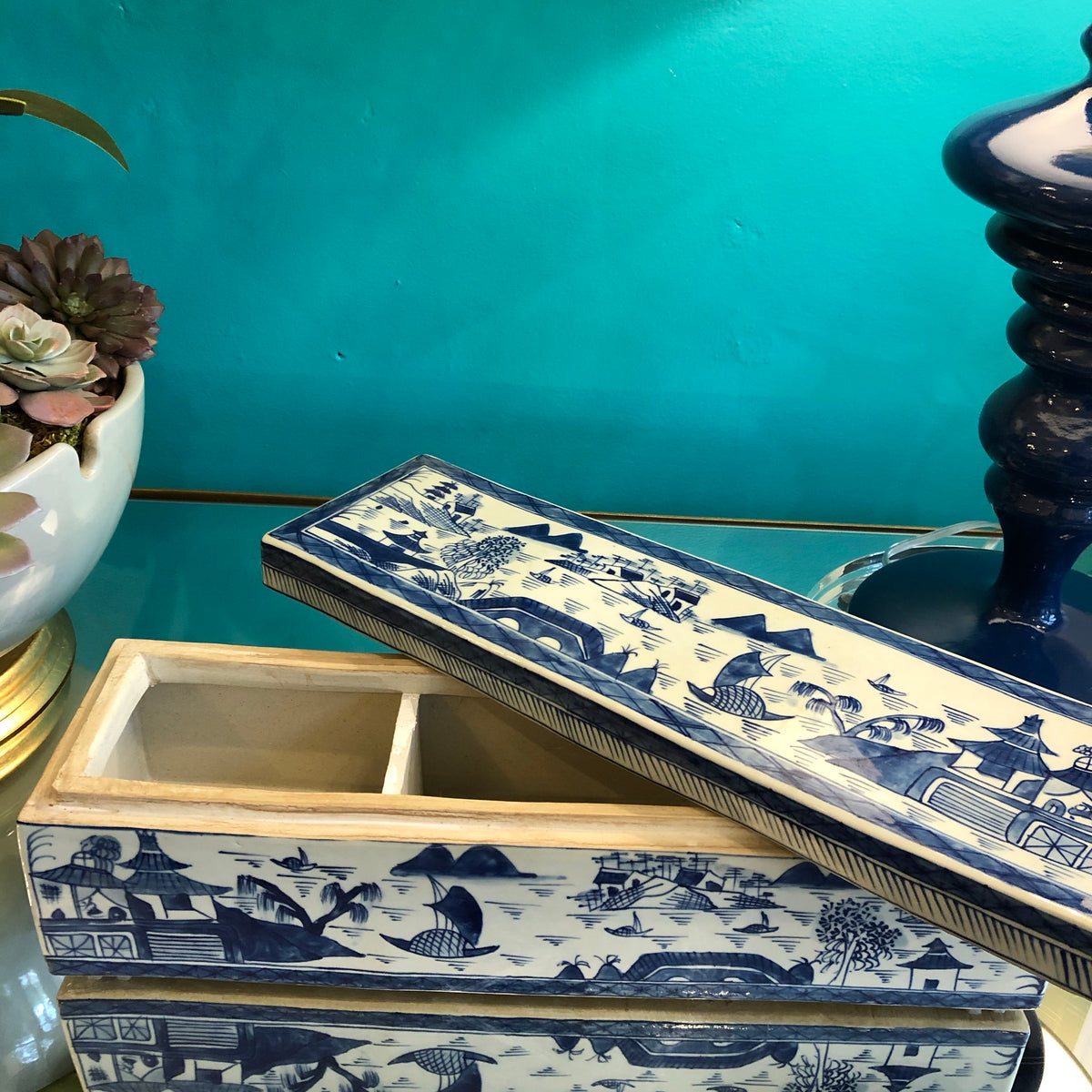 Blue and White Porcelain Village Scene Canton Box