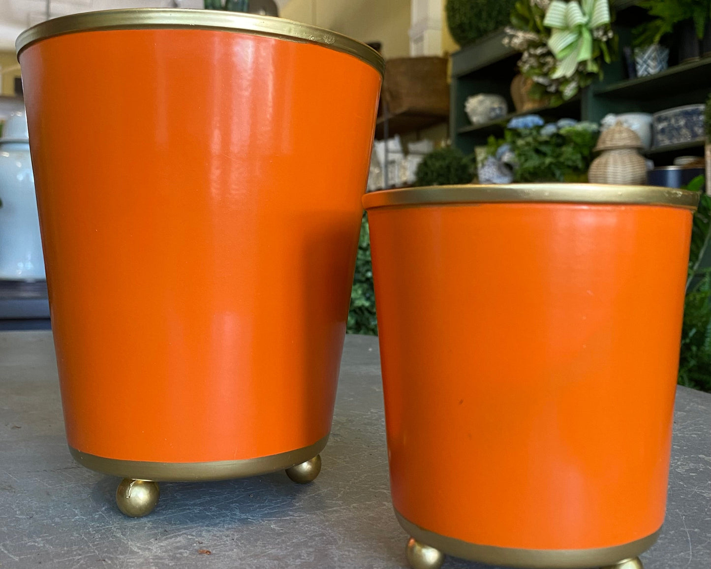 Orange Round Metal Cachepot