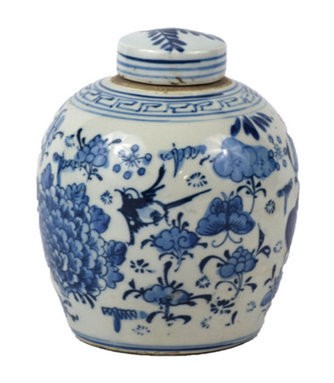 Blue & White Porcelain Small Floral & Birds Ginger Jar