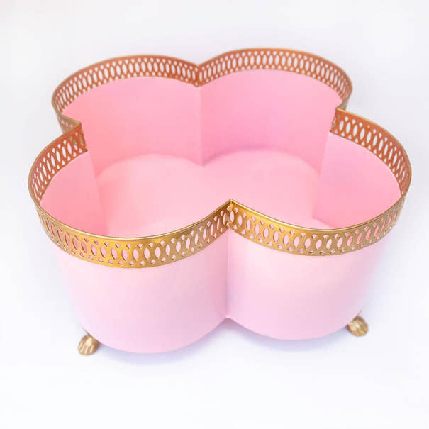 Banded Tole Quatrefoil Planter | Hand-painted Metal Cachepot Planter | Elegant Gold Claw Feet and Gold Banded Detail