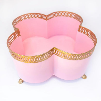 Banded Tole Quatrefoil Planter | Hand-painted Metal Cachepot Planter | Elegant Gold Claw Feet and Gold Banded Detail
