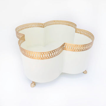 Banded Tole Quatrefoil Planter | Hand-painted Metal Cachepot Planter | Elegant Gold Claw Feet and Gold Banded Detail