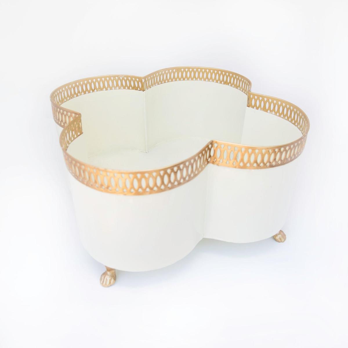 Banded Tole Quatrefoil Planter | Hand-painted Metal Cachepot Planter | Elegant Gold Claw Feet and Gold Banded Detail