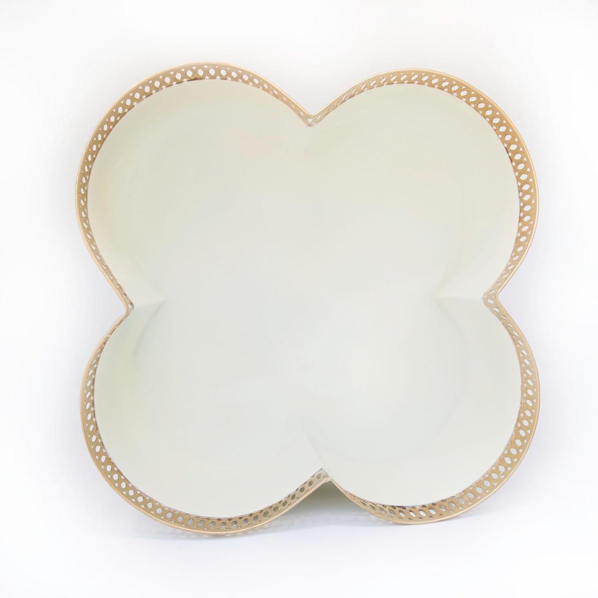 Banded Tole Quatrefoil Planter | Hand-painted Metal Cachepot Planter | Elegant Gold Claw Feet and Gold Banded Detail