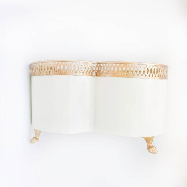 Banded Tole Quatrefoil Planter | Hand-painted Metal Cachepot Planter | Elegant Gold Claw Feet and Gold Banded Detail
