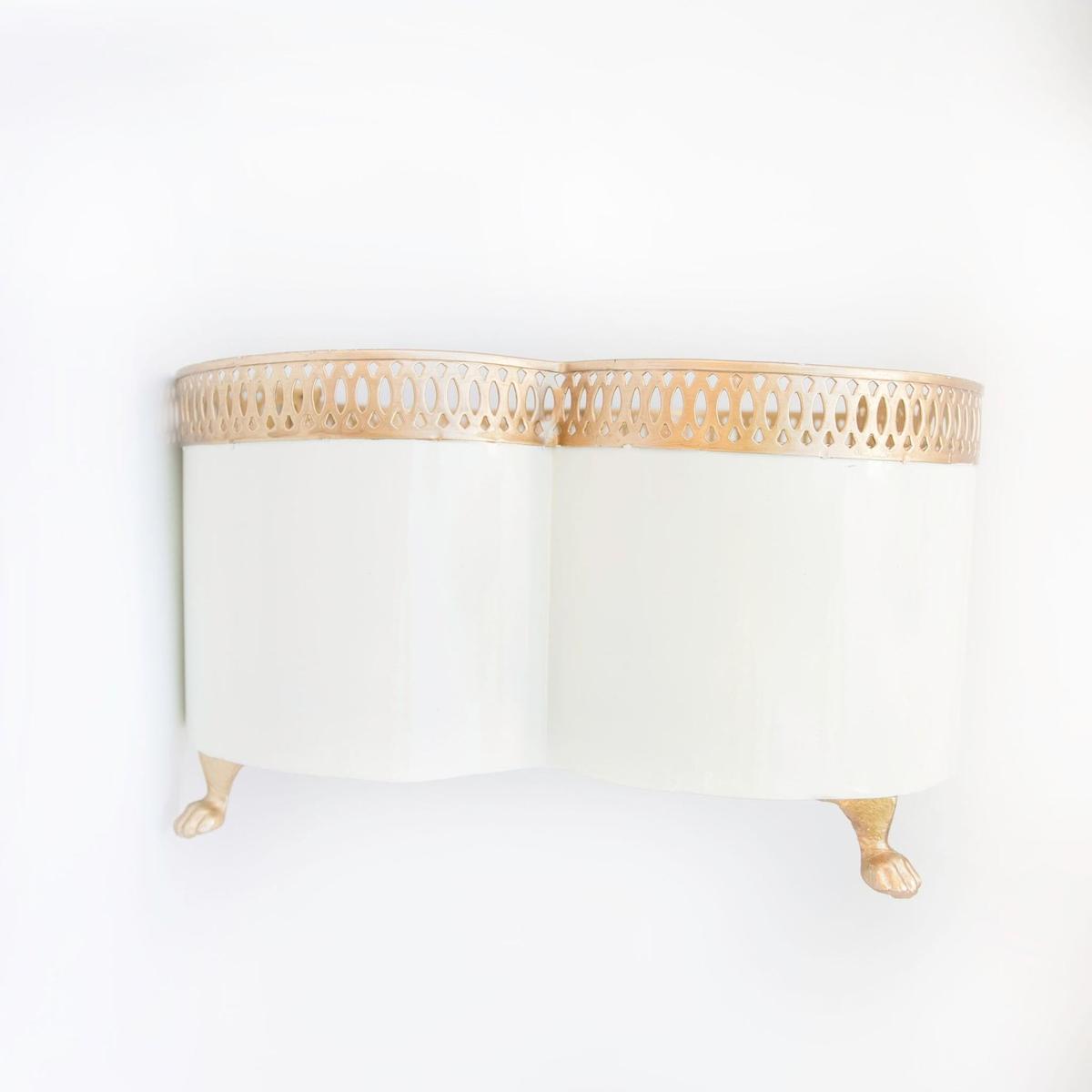 Banded Tole Quatrefoil Planter | Hand-painted Metal Cachepot Planter | Elegant Gold Claw Feet and Gold Banded Detail