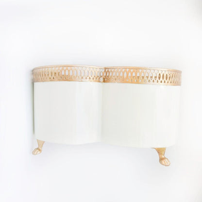 Banded Tole Quatrefoil Planter | Hand-painted Metal Cachepot Planter | Elegant Gold Claw Feet and Gold Banded Detail