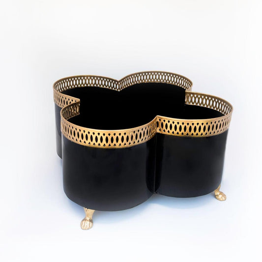 Banded Tole Quatrefoil Planter | Hand-painted Metal Cachepot Planter | Elegant Gold Claw Feet and Gold Banded Detail
