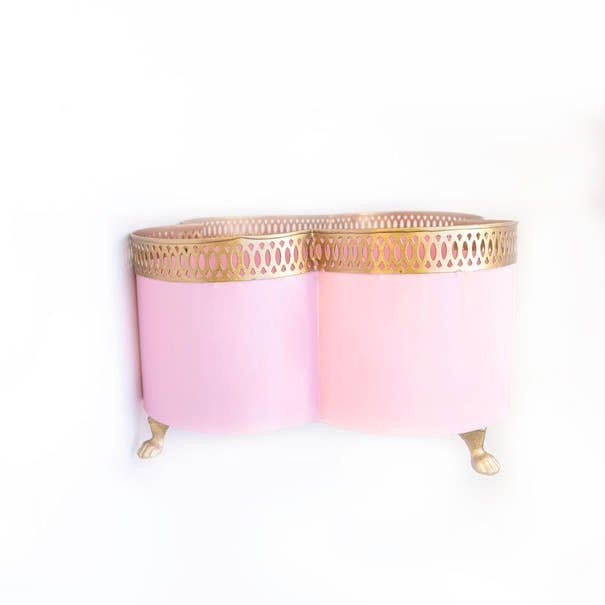 Banded Tole Quatrefoil Planter | Hand-painted Metal Cachepot Planter | Elegant Gold Claw Feet and Gold Banded Detail