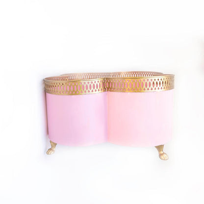 Banded Tole Quatrefoil Planter | Hand-painted Metal Cachepot Planter | Elegant Gold Claw Feet and Gold Banded Detail
