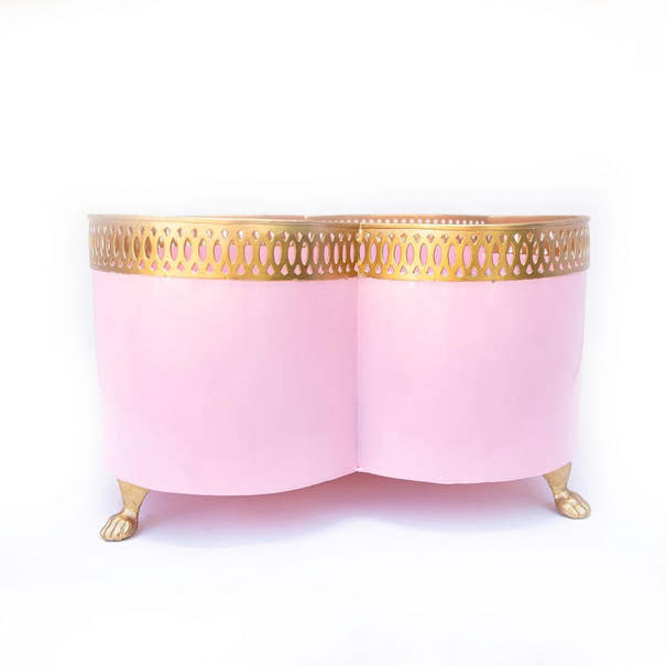 Banded Tole Quatrefoil Planter | Hand-painted Metal Cachepot Planter | Elegant Gold Claw Feet and Gold Banded Detail