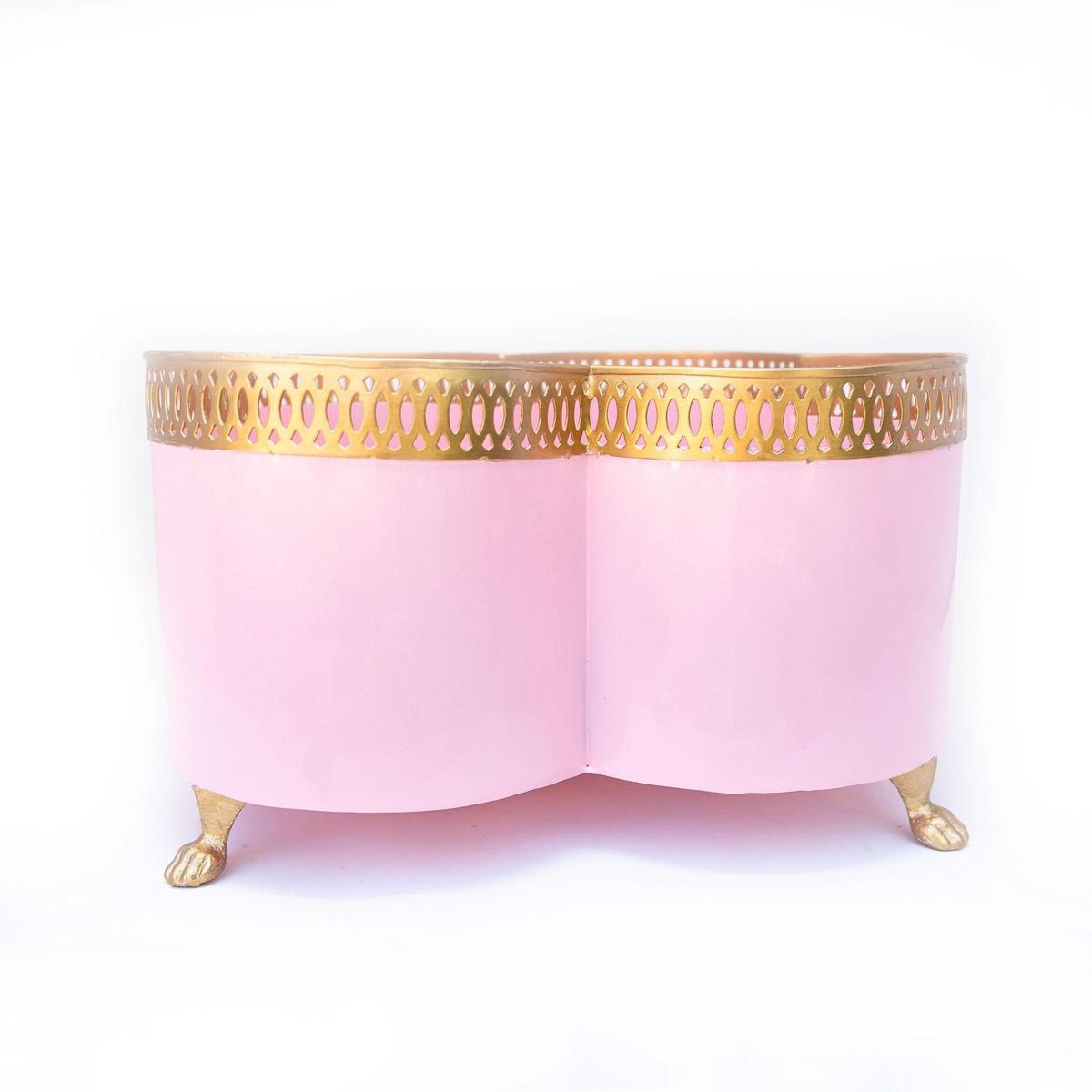 Banded Tole Quatrefoil Planter | Hand-painted Metal Cachepot Planter | Elegant Gold Claw Feet and Gold Banded Detail