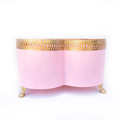 Banded Tole Quatrefoil Planter | Hand-painted Metal Cachepot Planter | Elegant Gold Claw Feet and Gold Banded Detail