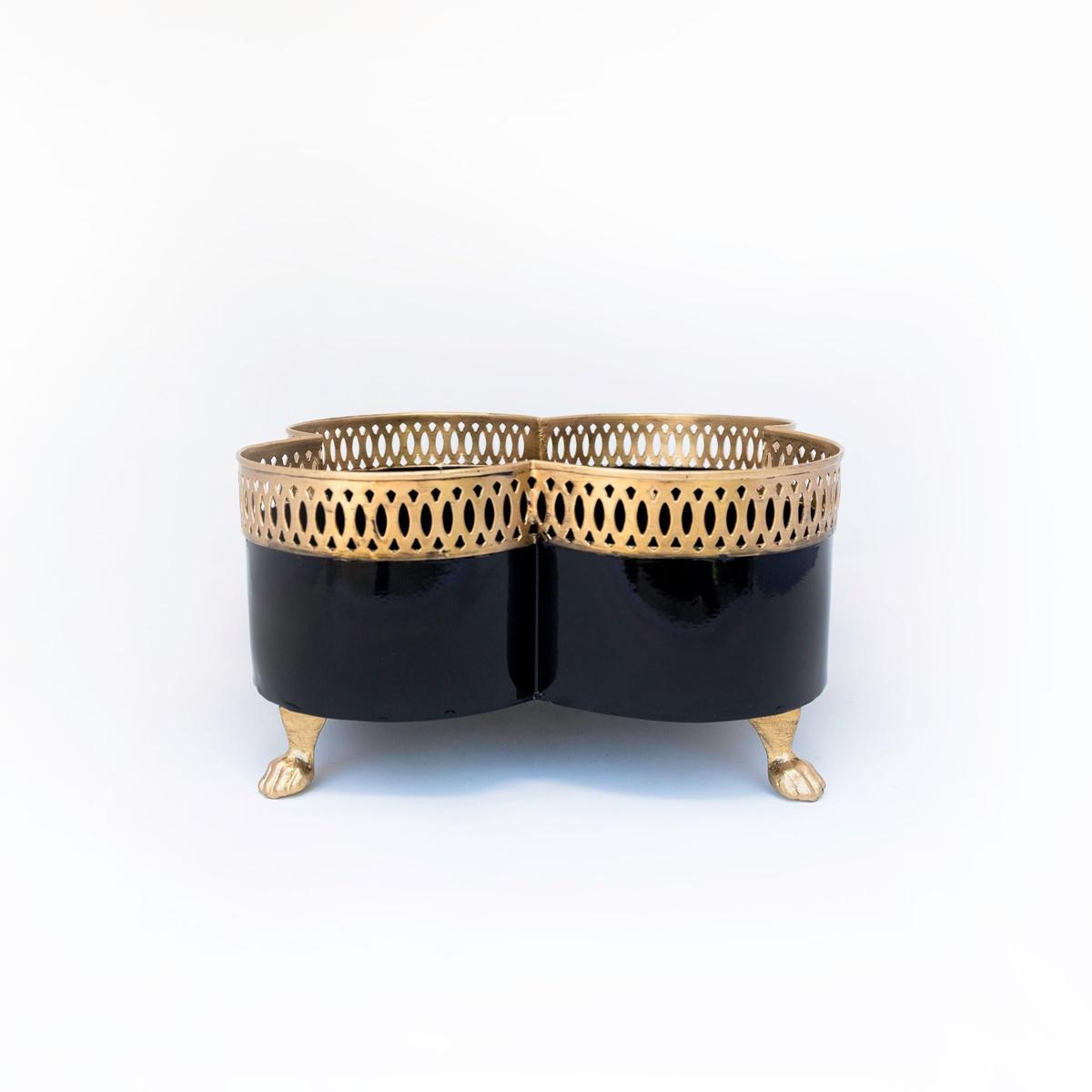 Banded Tole Quatrefoil Planter | Hand-painted Metal Cachepot Planter | Elegant Gold Claw Feet and Gold Banded Detail