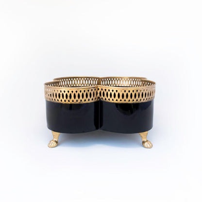 Banded Tole Quatrefoil Planter | Hand-painted Metal Cachepot Planter | Elegant Gold Claw Feet and Gold Banded Detail