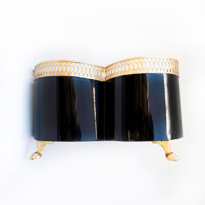 Banded Tole Quatrefoil Planter | Hand-painted Metal Cachepot Planter | Elegant Gold Claw Feet and Gold Banded Detail