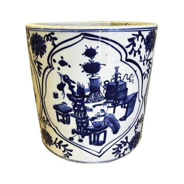 Blue & White Porcelain 8" Brush Pot - Straight Wall Planter - Foot Stomp Clay