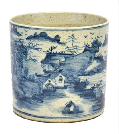 Blue & White Porcelain 9" Brush Pot - Straight Wall Planter - Foot Stomp Clay