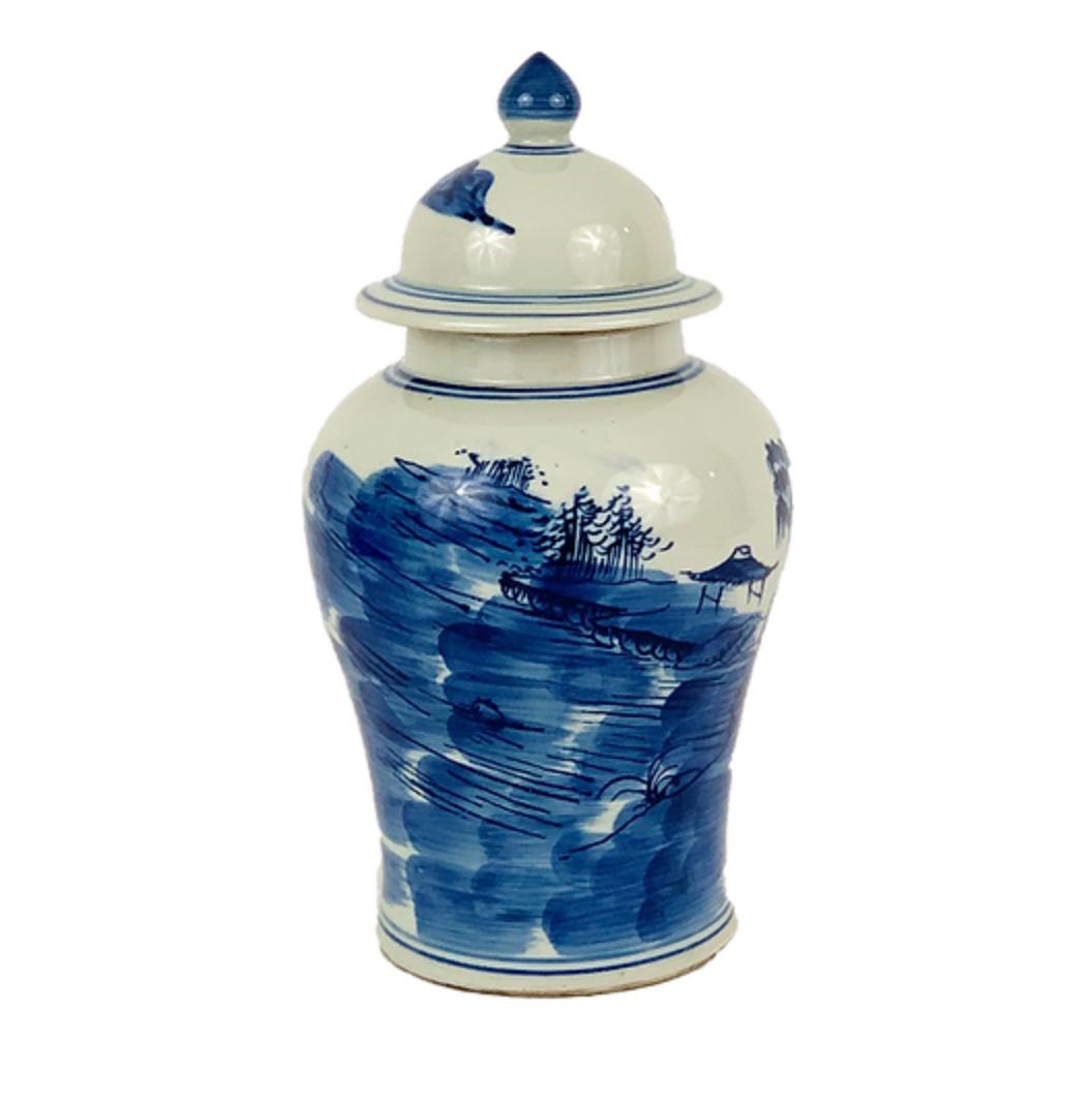 Blue & White Porcelain Village Scene Temple Jar