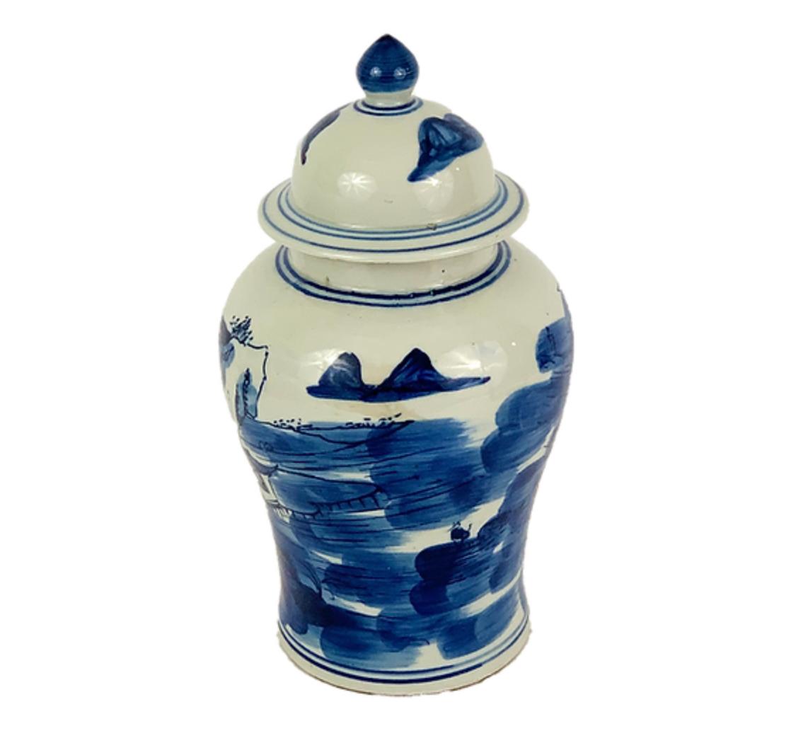 Blue & White Porcelain Village Scene Temple Jar