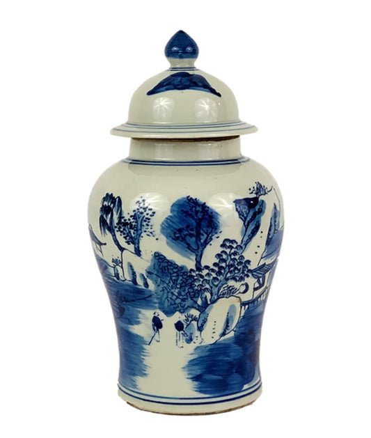 Blue & White Porcelain Village Scene Temple Jar