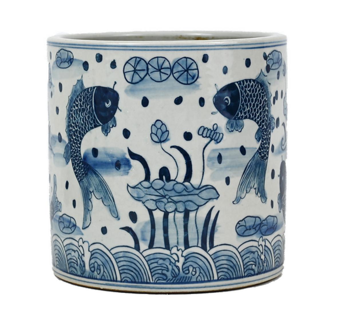 Blue and White Porcelain Fish Brush Pot - Foot Stomp Clay