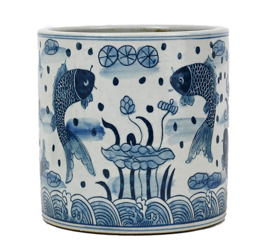 Blue and White Porcelain Fish Brush Pot - Foot Stomp Clay