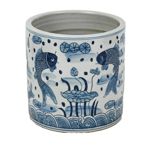 Blue and White Porcelain Fish Brush Pot - Foot Stomp Clay