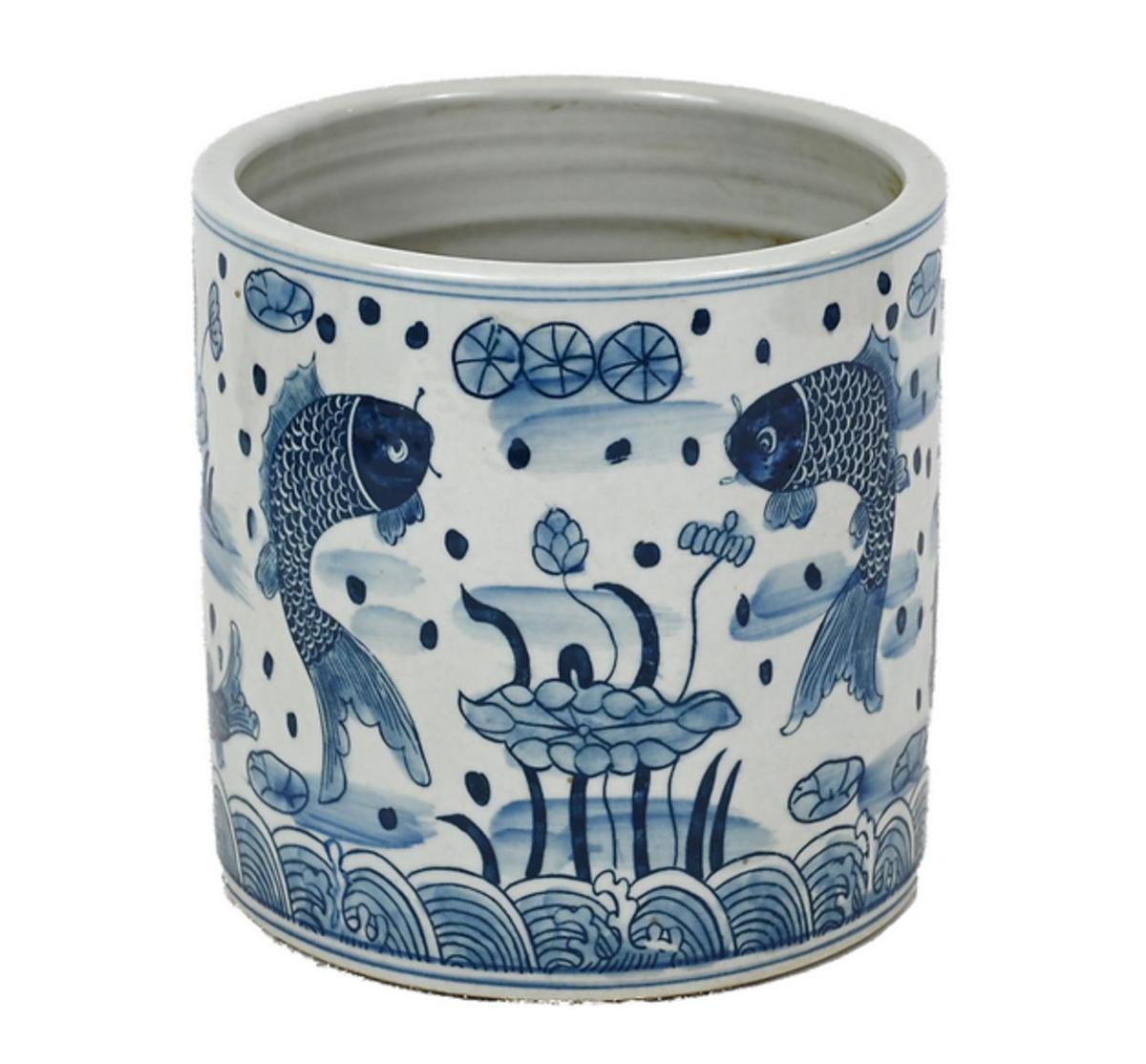 Blue and White Porcelain Fish Brush Pot - Foot Stomp Clay