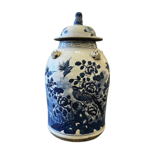 Blue and White Porcelain Floral Motif Temple Jar