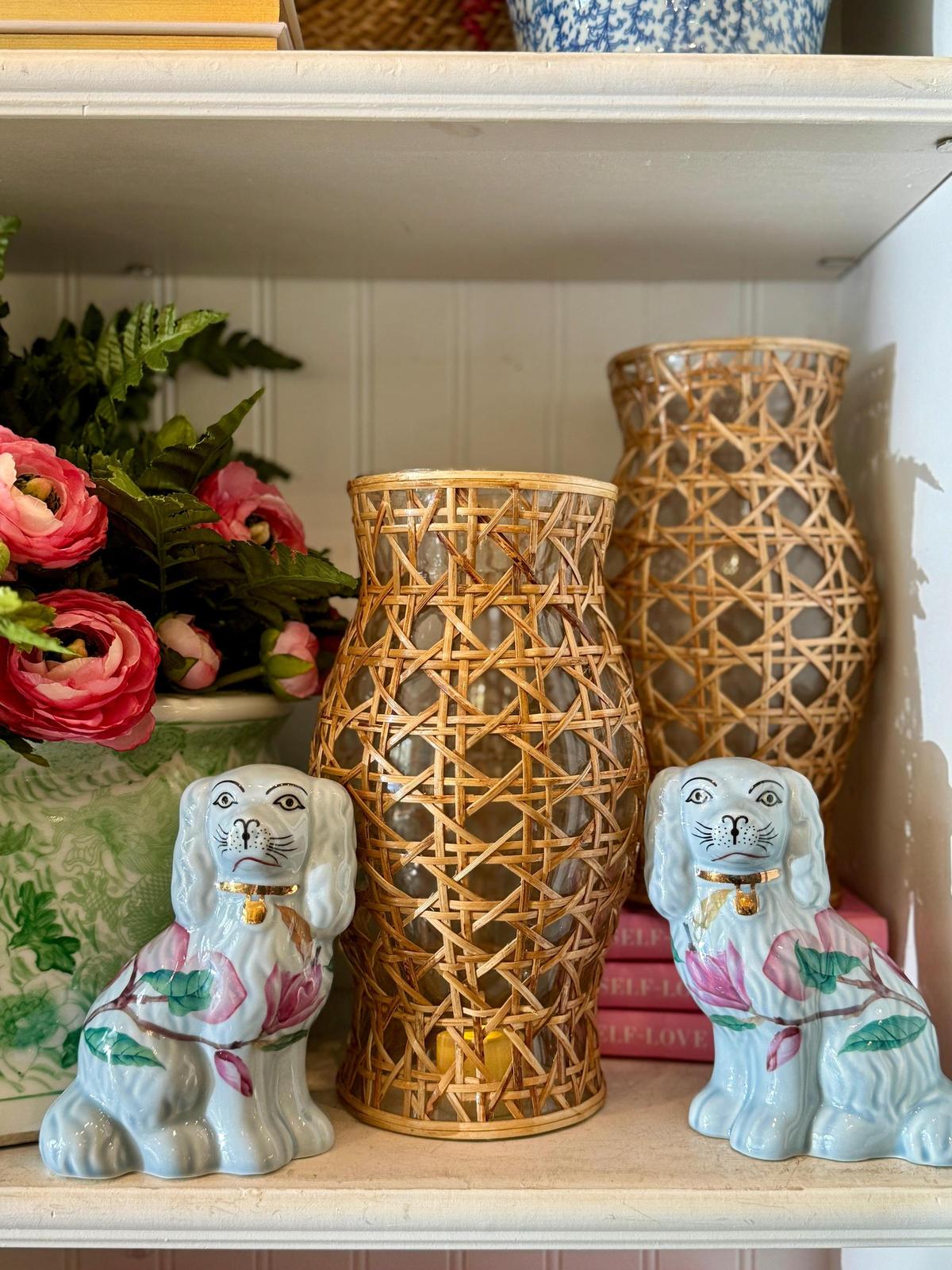 Cane Wrapped Glass Hurricane | Decorative Natural Wicker Lantern
