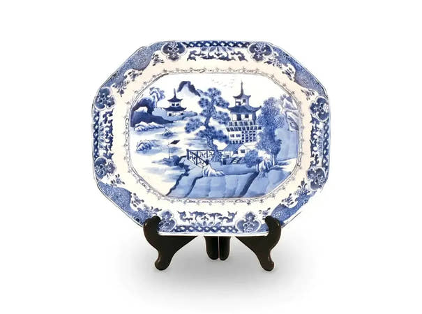 Extra Large Blue & White Porcelain Pagoda River Landscape Decorative Tray