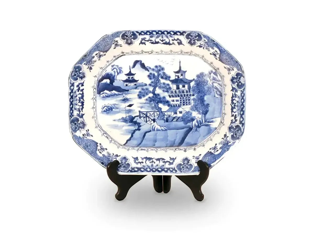Extra Large Blue & White Porcelain Pagoda River Landscape Decorative Tray