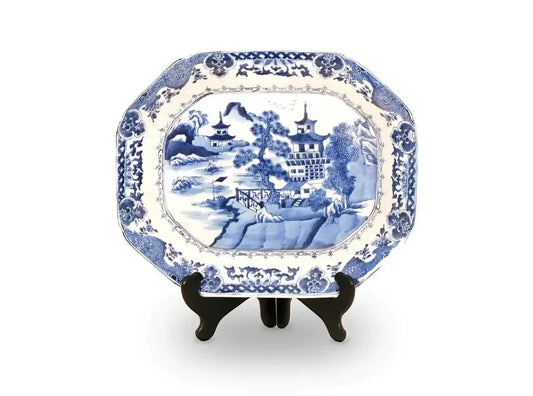 Extra Large Blue & White Porcelain Pagoda River Landscape Decorative Tray
