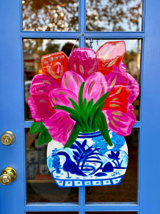 Ginger Jar With Tulips Decorative Door Hanger- Hand Painted by Artist