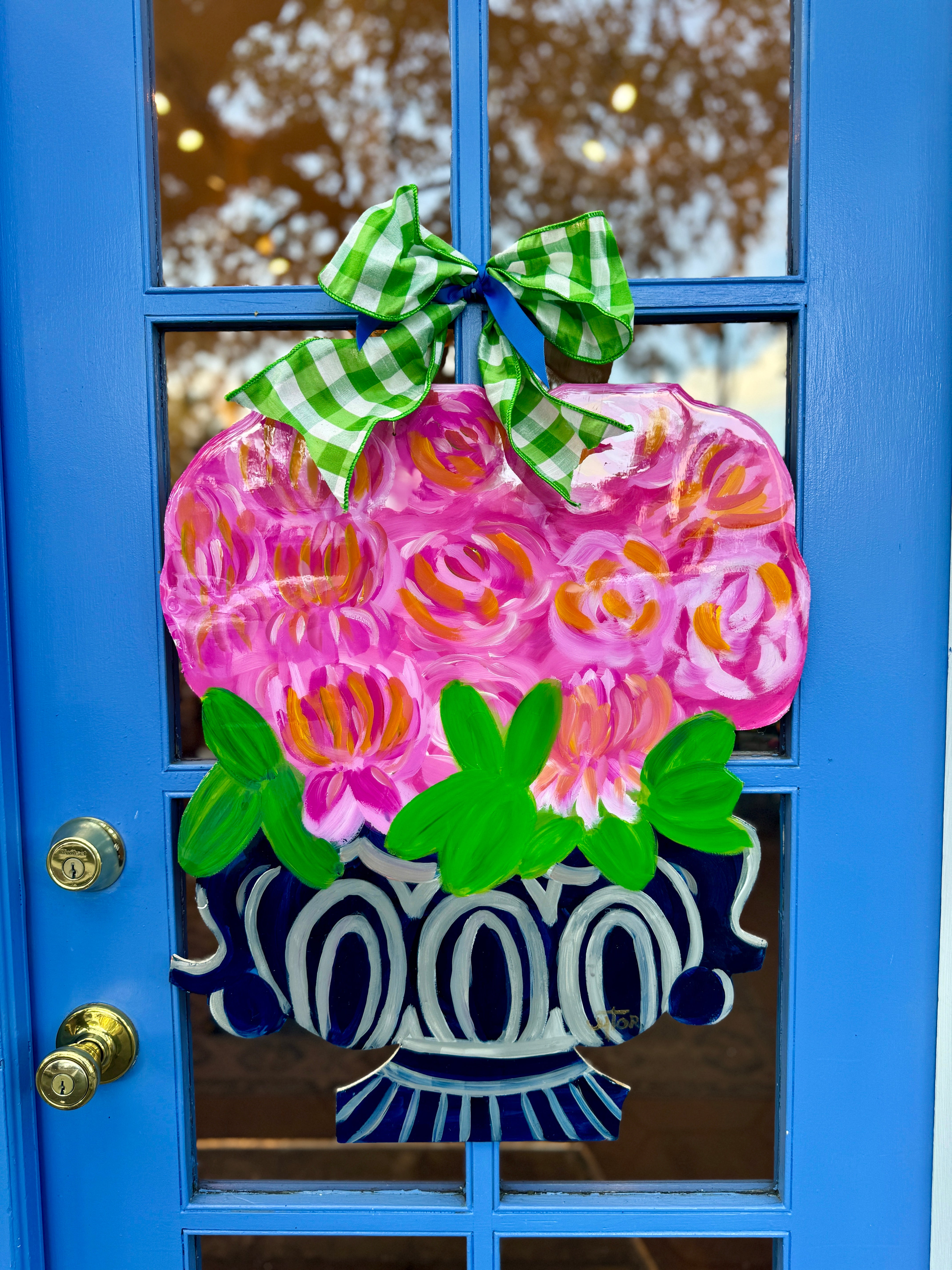 Navy Urn with Florals Decorative Door Hanger- Hand Painted by Artist