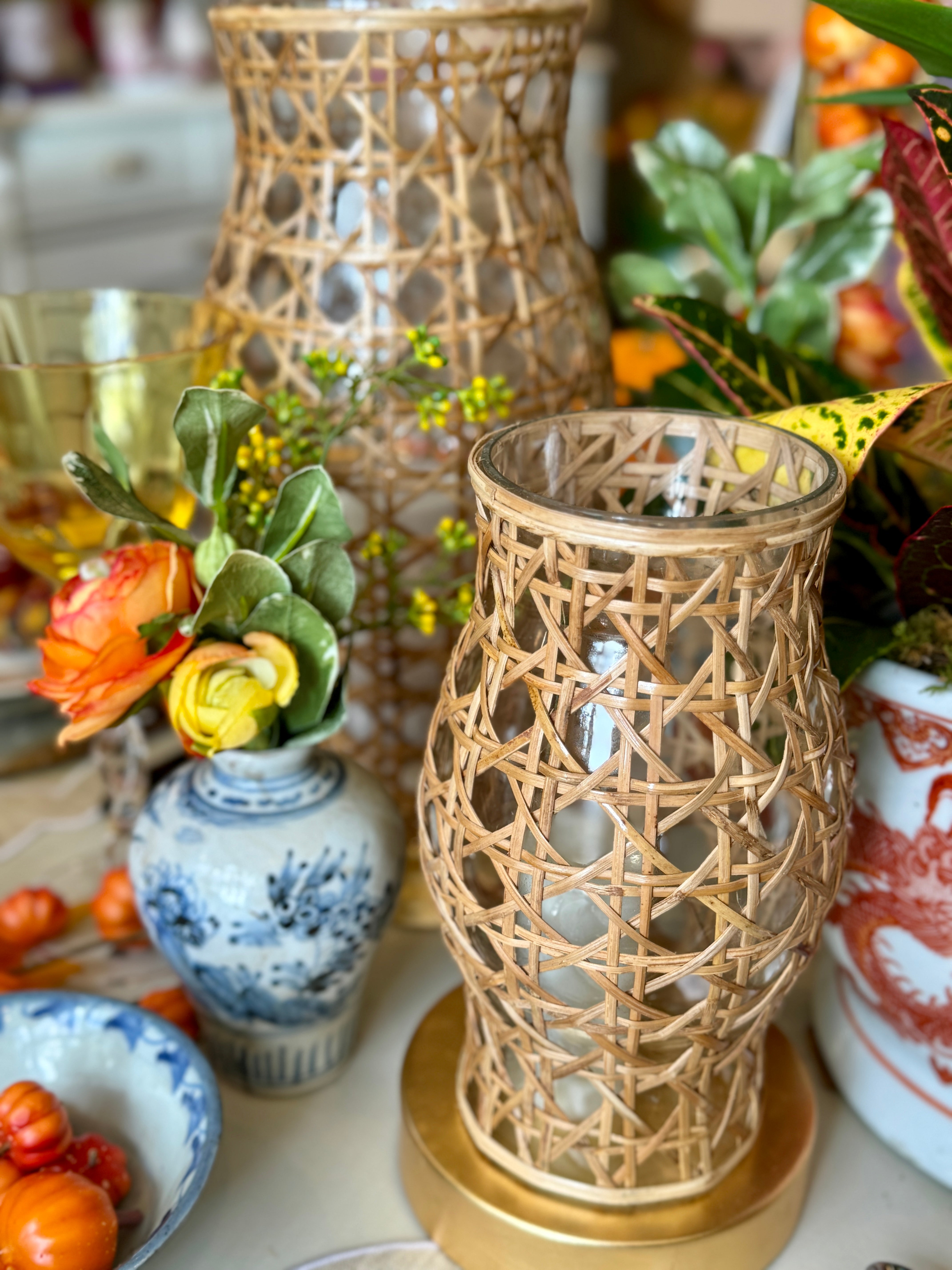 Hand-crafted Natural Wicker Wrapped Decorative Hurricane Lantern