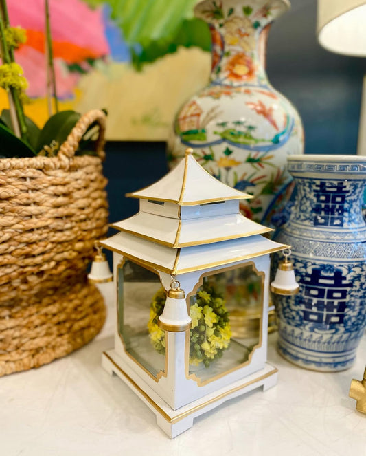Tole Pagoda Lantern | Decorative Chinoiserie Hand-painted Metal Lantern